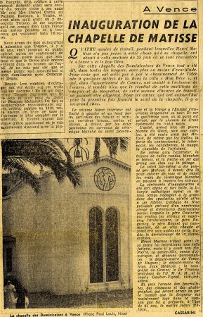 Revue Arts du 29 juin 1951 : inauguration de la chapelle de Matisse