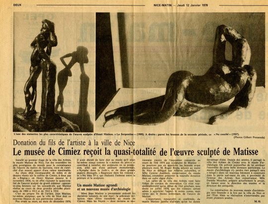 Nice Matin, 12 janvier 1978 : donation de l’œuvre sculptée de MAtisse